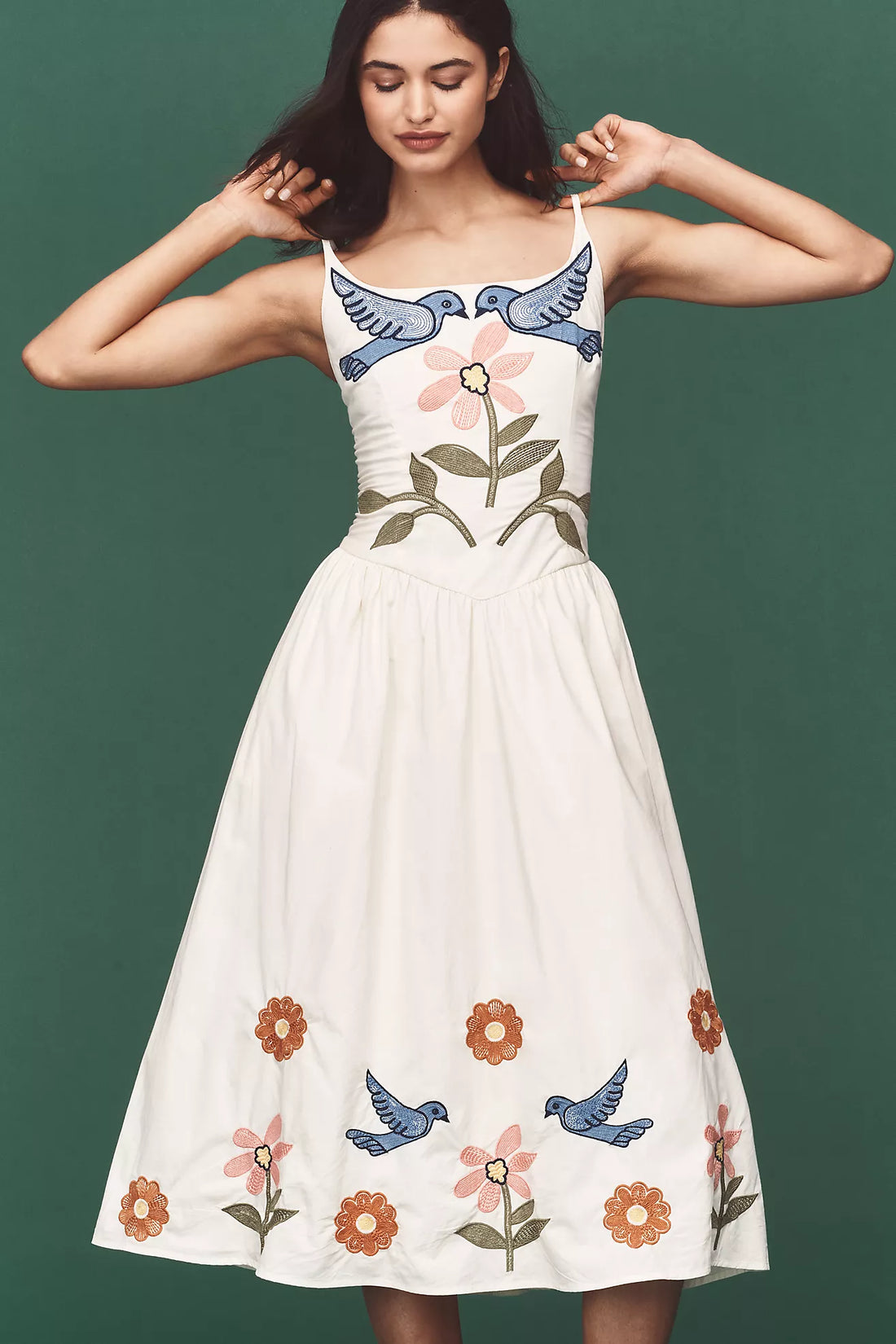Embroidered Basque-Waist Midi Dress